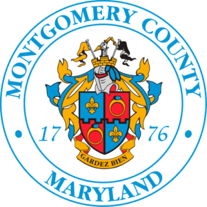 A blue and yellow seal with the words montgomery county maryland in it.