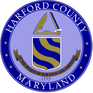 A blue and yellow seal with the words harford county, maryland in gold.